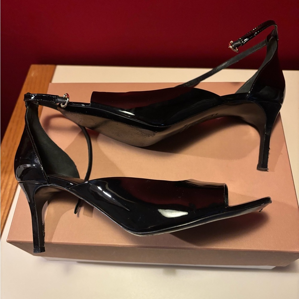 Via Spiga Black Patent Leather Jennie Ankle Strap Open Toe Sandal Formal Heels